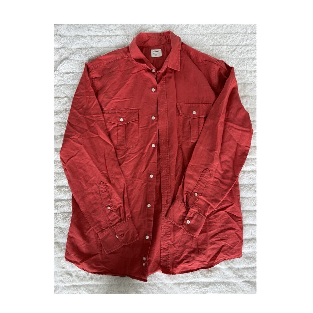 Old Navy Red Solid Linen Cotton Button-Up Shirt Long Sleeve Pockets Size L